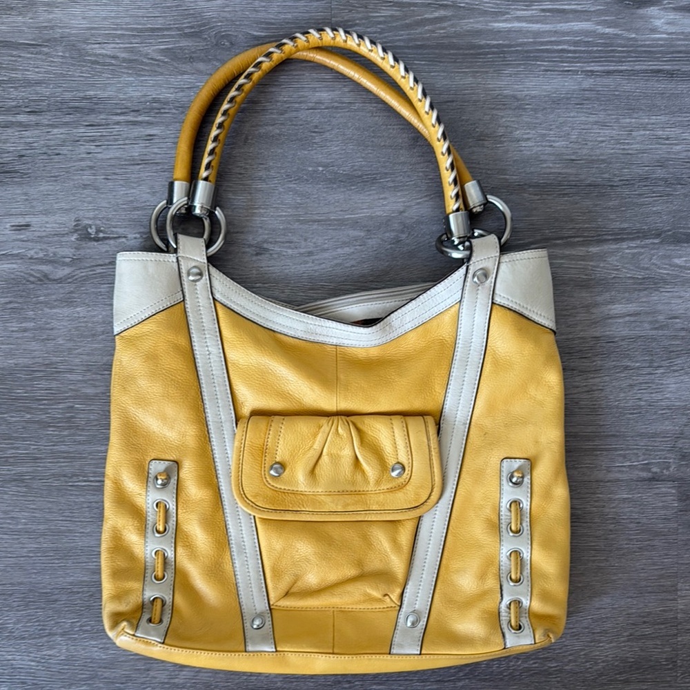 B. Makowsky Y2K Yellow and White Shoulder Bag with Braided Handle